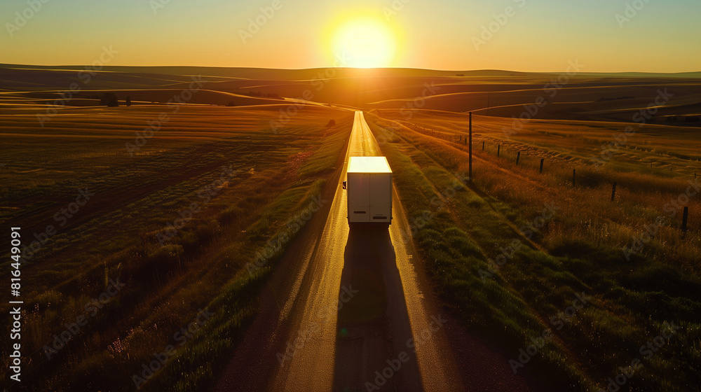 Wall mural truck driving on country road at sunset