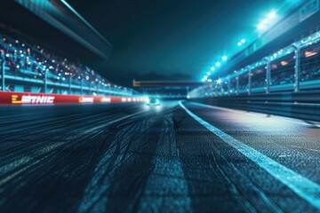 Fototapeta na wymiar Racing track with grandstands and a crowd, with a speed effect, blue light in the background, blurred race car tracks on the asphalt in the foreground, with a dark atmosphere. 