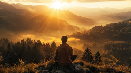 A man sitting from the back overlooks a stunning valley with sunlight breaking through the mist - Powered by Adobe