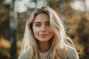 Fototapeta premium Blonde Female Portrait. Young Woman Smiling Alone in White Background
