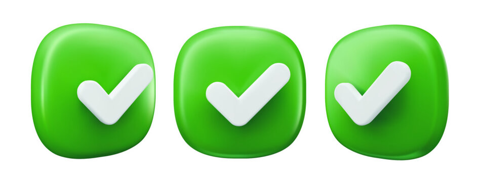 3d check icon, done mark, checklist ticks. Vector realistic plastic style checkmark symbols front and angle view. Sign of selection, confirmation or approval. Green Yes buttons for web design or app