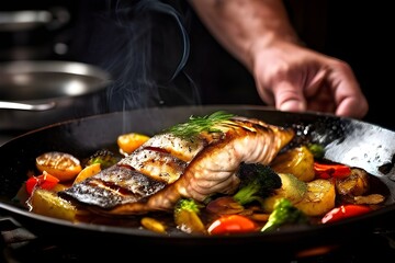 The magic of cooking fish, Chef preparing food in the kitchen, Photo of a pan fried fish with vegetables