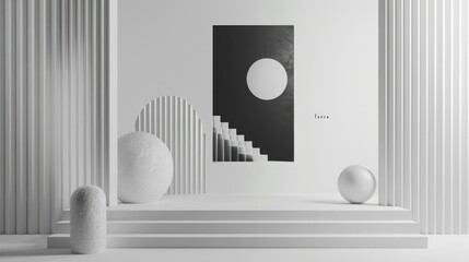 Minimalist Geometric Abstract Poster Design with Spherical and Rectangular Shapes
