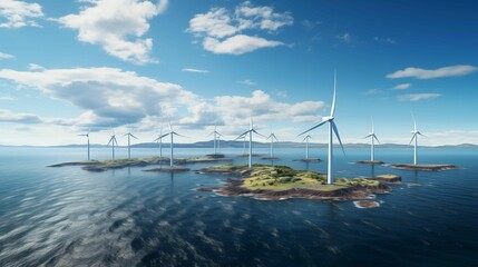 A photorealistic wind farm with white turbines standing tall in the ocean with clear skies and calm waters. Generative ai