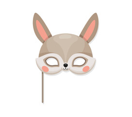 Rabbit animal carnival party mask. Isolated vector woodland bunny head on stick for festive photo booth. Festival or birthday costume, playful decorative face covering with ears, nose and eye holes