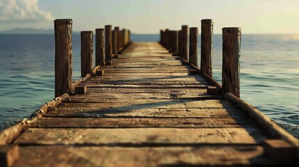 Fototapeta premium A wooden dock juts out into a calm lake. The water is a deep blue color, and the sky is a light blue color. There are no clouds in the sky.