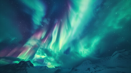 Fototapeta premium Aurora Borealis Illuminates Sky Above Snowy Mountain