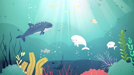 Vivid cartoon hand-drawn underwater animals in a lively ocean scene with room for text