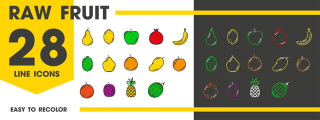 Fruit line icons of apple, orange and banana with pineapple and lemon, vector food. Raw whole fruits linear icons of tropical mango and farm peach, plum and organic pomegranate for juice or jam