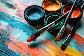 Obraz premium Painting Brushes. Artist Group of Colorful Brushes and Paint Cans over Watercolor Background