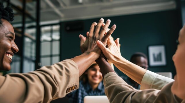 Diverse Tech Startup Team Celebrating Successful Product Launch with High Fives and Cheers in Office Environment - Powered by Adobe
