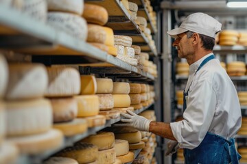 Cheese Wheels Factory: Worker Inspecting Quality in Storage with Aging Parmesan Wheels