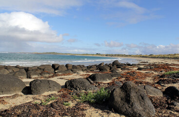 Rocks, sand and ocean under a blue sky at Killarney Beach near Port Fairy in Victoria, Australia