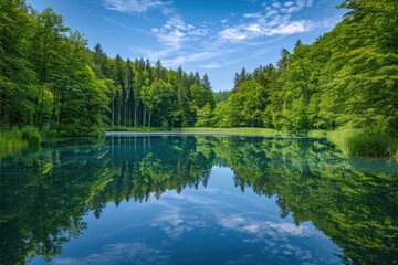 Fototapeta premium Forest With Lake. Beautiful Summer Landscape with Green Forest and Reflections on Water