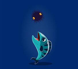 Underwater sea animals in font, undersea type semicolon of fish and urchin, cartoon vector. Semicolon punctuation mark in ocean alphabet or undersea typeface and sea font as underwater fishes