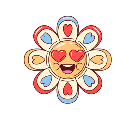 Retro y2k groovy Cartoon chamomile flower character exudes love. Isolated vector daisy with loving face emotion. Cheerful camomile with heart eyes radiates joy and positivity, spreading floral love