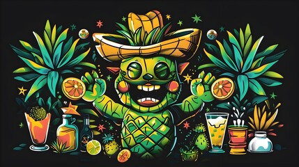 Vibrant Tequila Bottle Mascot Surrounded by Festive Agave and Drinks