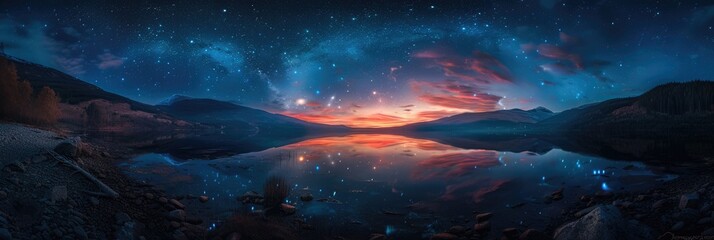 Night Nature. Starry Panorama of Mountains with Sky, Water, and Nature Elements
