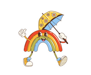 Cartoon groovy rainbow character with umbrella. Isolated vector joyful, colorful, vibrant heavenly arch personage, radiating carefree spirit of 1960s psychedelic aesthetics and rainy weather forecast
