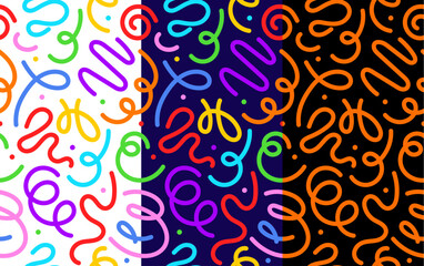 Kids holiday squiggle line pattern. Vector vibrant, playful and colorful squiggly doodle curves across of white, blue and black vertical backgrounds. Childish party print, creative confetti ornament