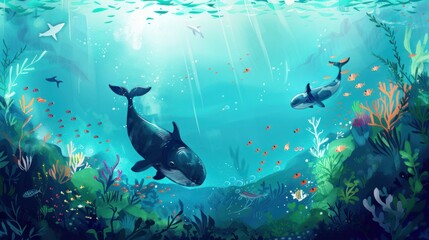 Vivid cartoon hand-drawn underwater animals in a lively ocean scene with room for text