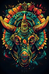 Fototapeta premium Vibrant Triceratops Totem with Intricate Mayan Glyphs and Symbols on Black Background Representing Strength and Mystical Protection