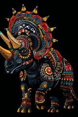 Obraz premium Vibrant Triceratops with Tribal Mudcloth Patterns in Esports Logo Style