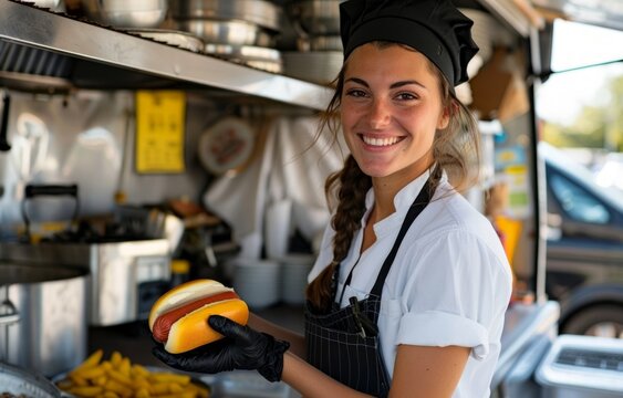 Smiling Vendor Holding Hot Dog at Food Truck