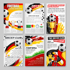 Germany 2024 euro soccer cup posters. Vector football-themed templates with colorful backgrounds, soccer balls, grass, trophy and team players. Layouts promote sports events, clubs, and championships