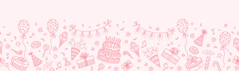 Pink birthday party line background. Vector seamless pattern with outline festive items. Happy birthday decoration, gift boxes, cake with candles, fireworks, confetti, hats, desserts or light garlands