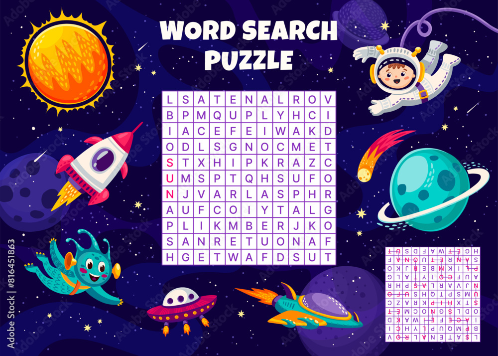 Aufkleber Space word search puzzle game with galaxy planets and kid astronaut, vector worksheet. Word search grid game quiz to guess and find alien UFO and spaceship, kid spaceman or spaceship shuttle and stars