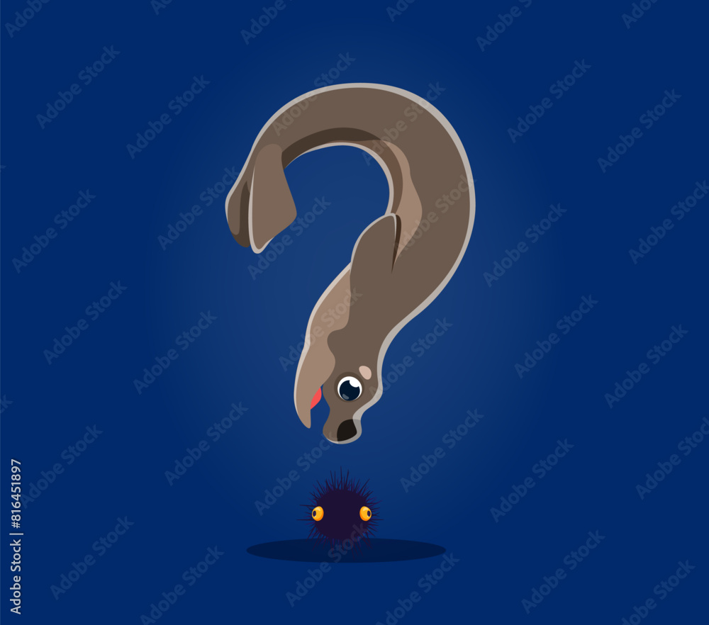 Fototapete underwater sea animals font and undersea type of question mark, cartoon vector. seal with sea urchin
