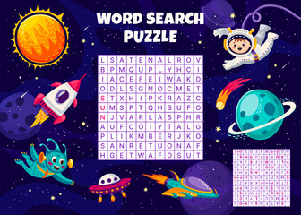 Space word search puzzle game with galaxy planets and kid astronaut, vector worksheet. Word search grid game quiz to guess and find alien UFO and spaceship, kid spaceman or spaceship shuttle and stars
