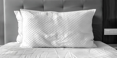 Double bed with white pillows and comforter Comfortable white bed in the room.