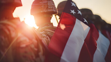 Naklejka premium Silhouettes of army soldiers with USA flag Greeting card for Veterans Day Memorial Day Independence Day Armed Force concept : Generative AI