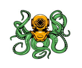 Octopus with tentacles and diver helmet in sketch doodle art for tattoo or mascot, vector emblem. Underwater animal, green octopus in aqualung helmet for diving club badge or abstract t-shirt print