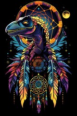 Fototapeta premium Vibrant Velociraptor with Dreamcatcher Feathers Mystical Native American Inspired Dinosaur for Esports Logo or Graphic Design