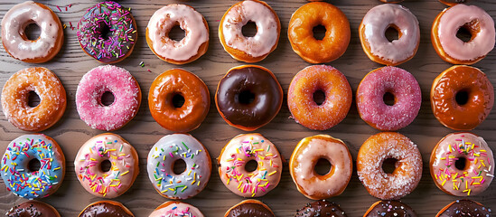 A cheerful display of donuts with various colorful glazes, arranged in a pattern for National Donut Day. 32k, full ultra HD, high resolution.