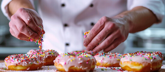 A chef decorating freshly made donuts with colorful icing and sprinkles, preparing for National Donut Day celebrations. 32k, full ultra HD, high resolution.