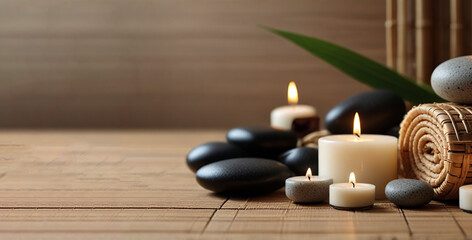 Beauty spa treatment background, Towel with aroma candles and stone