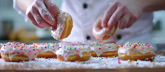  A chef decorating freshly made donuts with colorful icing and sprinkles, preparing for National Donut Day celebrations. 32k, full ultra HD, high resolution.
