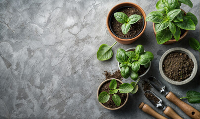 planting herbs and spices in small pots, seen from above, banner with copy space, concrete gray table