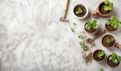 planting herbs and spices in small pots, seen from above, banner with copy space, concrete gray table