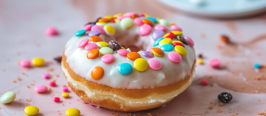 A donut decorated with colorful candy pieces, creating a fun and festive treat for National Donut Day. 32k, full ultra HD, high resolution.