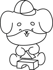a vector of a cute dog playing block toys in black and white coloring