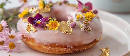 A donut topped with edible flowers and gold leaf, showcasing an elegant take on National Donut Day treats. 32k, full ultra HD, high resolution.