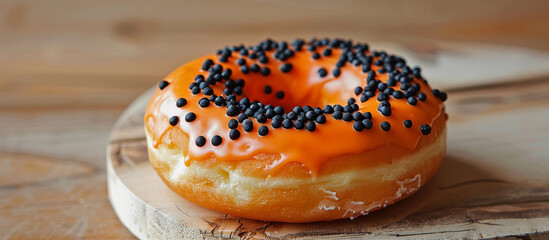 A donut with a bright orange glaze and black sprinkles, perfect for a Halloween-themed National Donut Day treat. 32k, full ultra HD, high resolution.