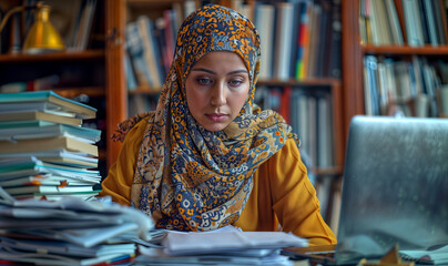 Muslim hijab woman  working on laptop next to piles of paper work, looking stressed/ worried, close to burnout	