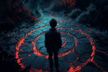 the sillhuette of a boy seen from behind standing near a spiral maze at night, mystery cartoon/ comic book illustration 
