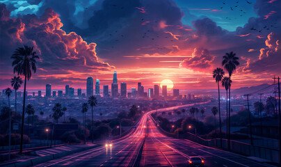 landscape with highway view lofi illustration, sunset/ sunrise over the city in purple and blue shades wallpaper